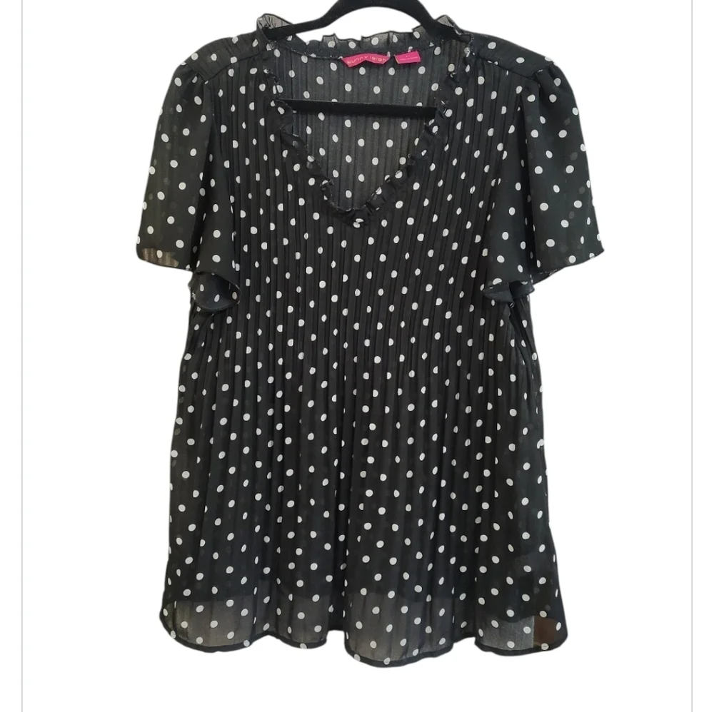 Sunny Leigh Black and White Polka Dot Sheer Short Sleeve Blouse